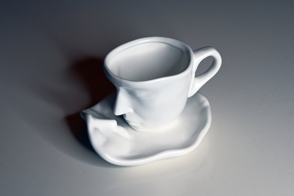 Set ceasca de cafea cu farfurie, design fata, portelan, alb, 150ml Faces cup coffee
