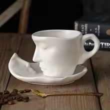 Set ceasca cu farfurie si lingurita, design fata, portelan, alb, 260ml Faces cup tea