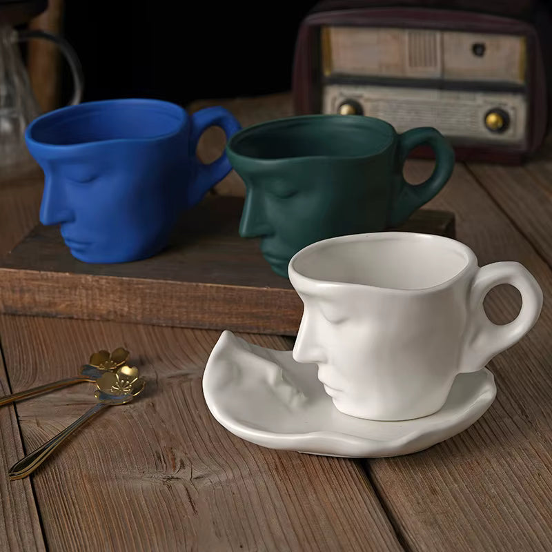 Set ceasca cu farfurie si lingurita, design fata, portelan, alb, 260ml Faces cup tea