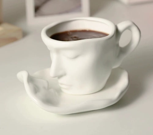 Set ceasca cu farfurie si lingurita, design fata, portelan, alb, 260ml Faces cup tea